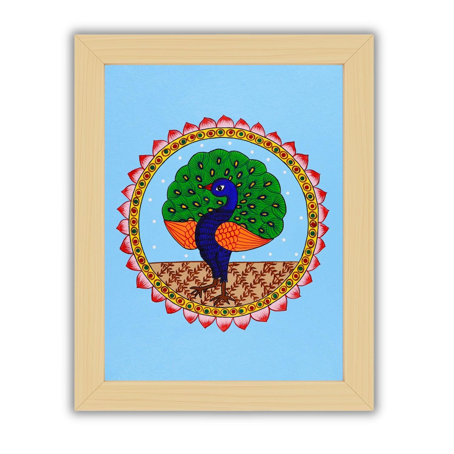 Framed artwork of a colorful peacock illustration on a blue background-with handmade pichwai painting 
