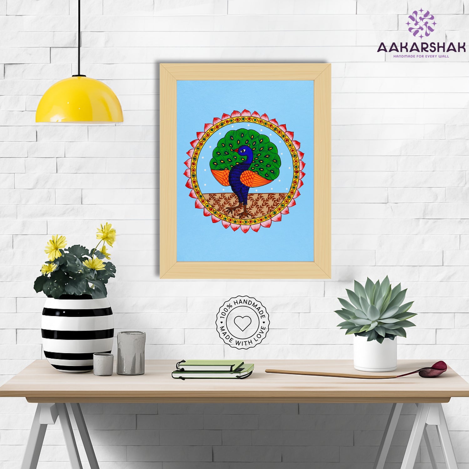 Framed artwork with peacock design on a blue background-handmade pichwai painting for home decor
