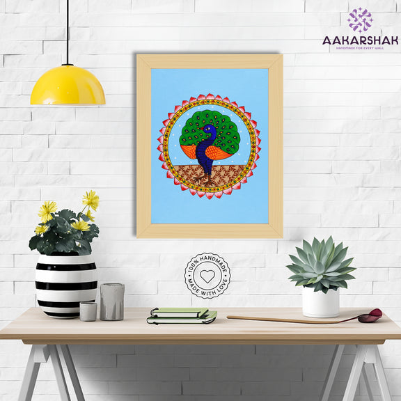 Framed artwork with peacock design on a blue background-handmade pichwai painting for home decor
