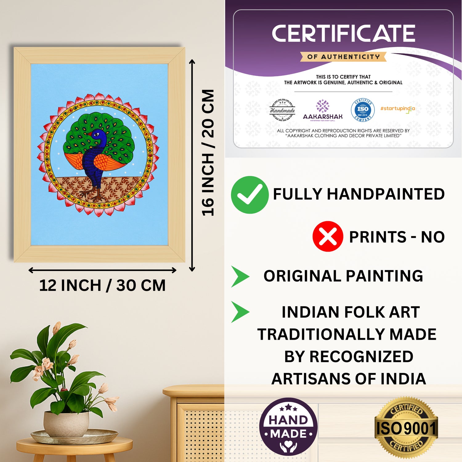 Framed artwork with dimensions, authenticity certificate and handmade iso certified-peacock warli painting
