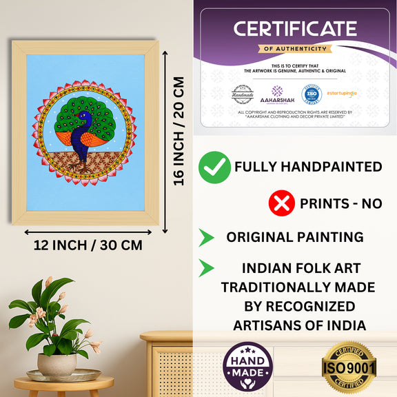 Framed artwork with dimensions, authenticity certificate and handmade iso certified-peacock warli painting
