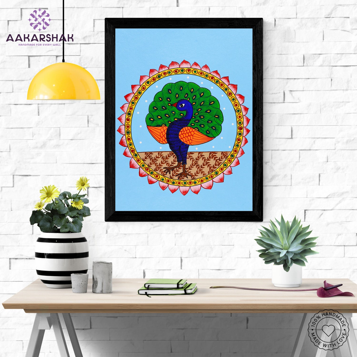 Framed artwork with peacock design on a blue background-handmade pichwai painting for home decor
