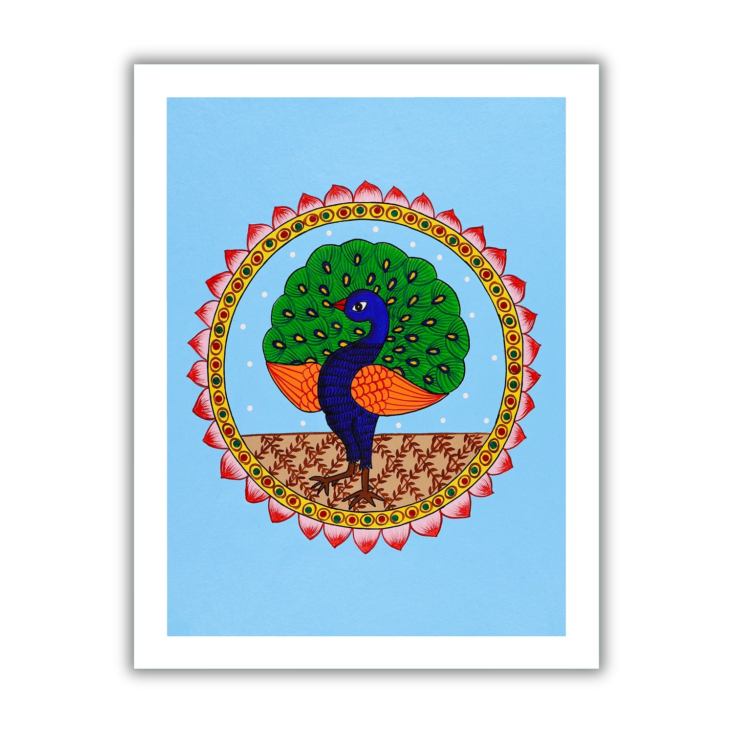 Framed artwork of a colorful peacock illustration on a blue background-with handmade pichwai painting 
