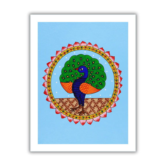 Framed artwork of a colorful peacock illustration on a blue background-with handmade pichwai painting 
