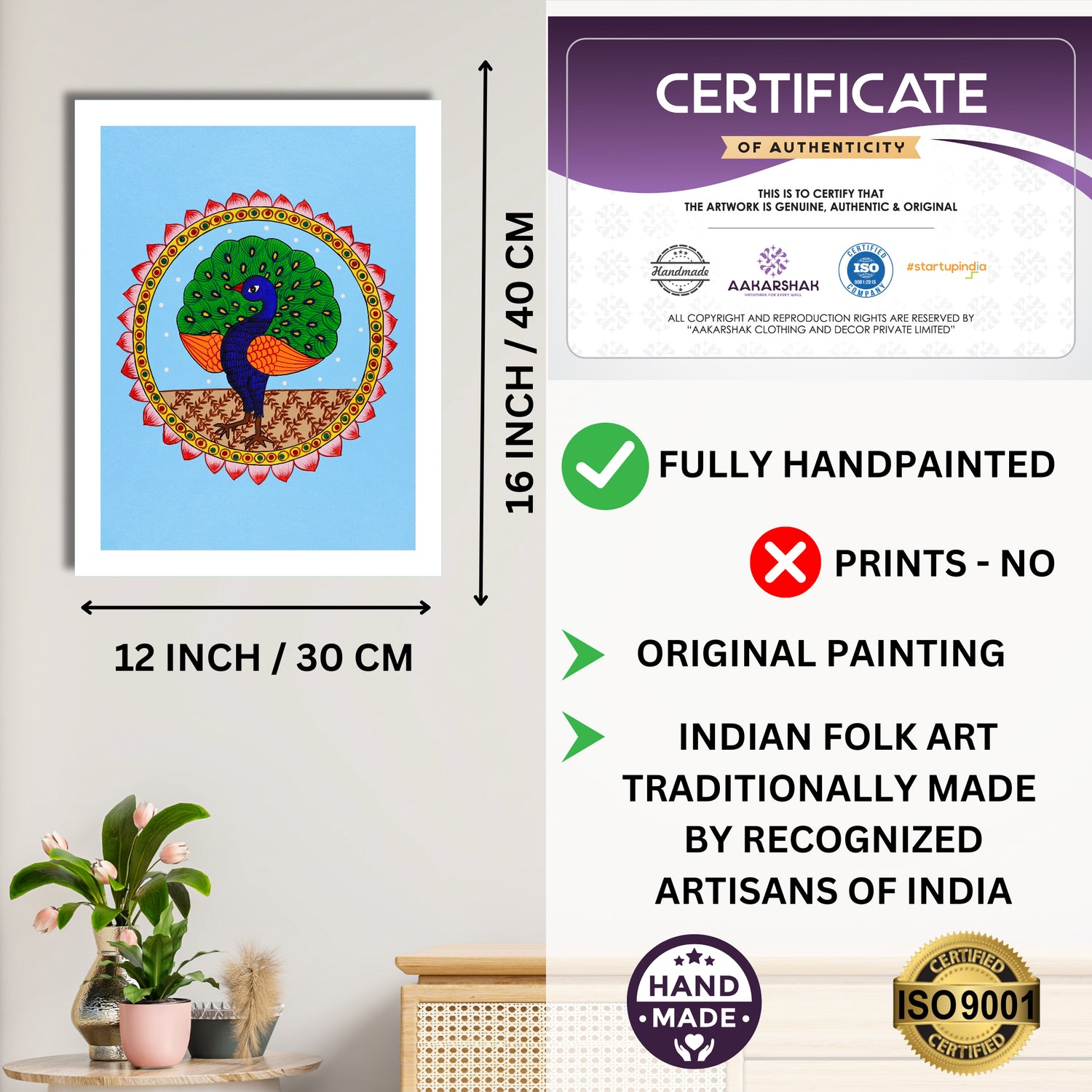 Framed artwork with dimensions, authenticity certificate and handmade iso certified-peacock warli painting
