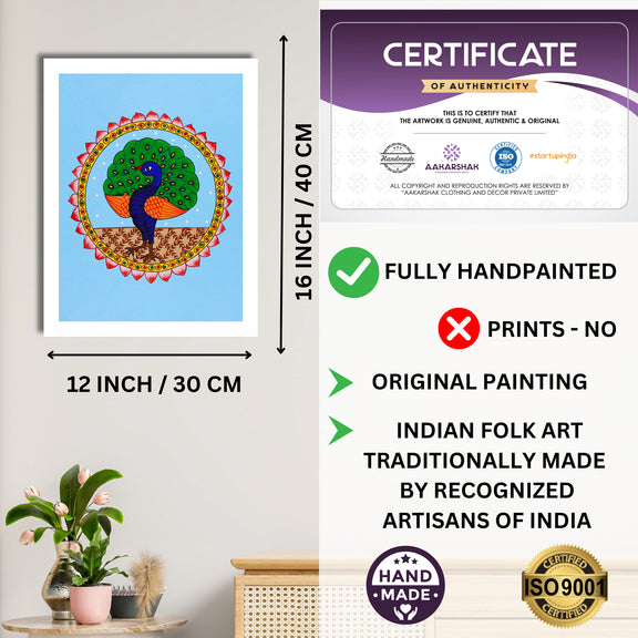Framed artwork with dimensions, authenticity certificate and handmade iso certified-peacock warli painting
