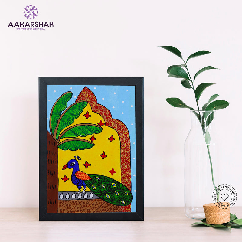 Handmade pichwai peacock painting-with tabletop stand for home decor

