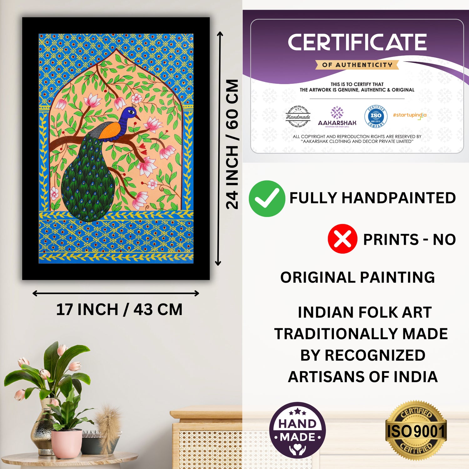 Framed artwork with dimensions, authenticity certificate and handmade iso certified-peacock pichwai painting