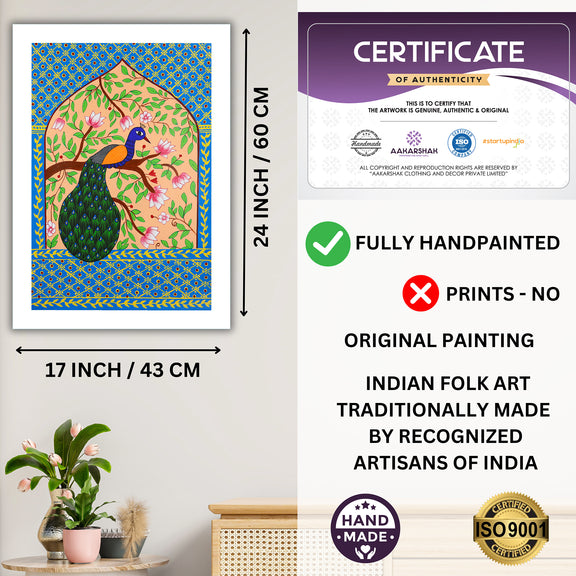 Framed artwork with dimensions, authenticity certificate and handmade iso certified-peacock pichwai painting