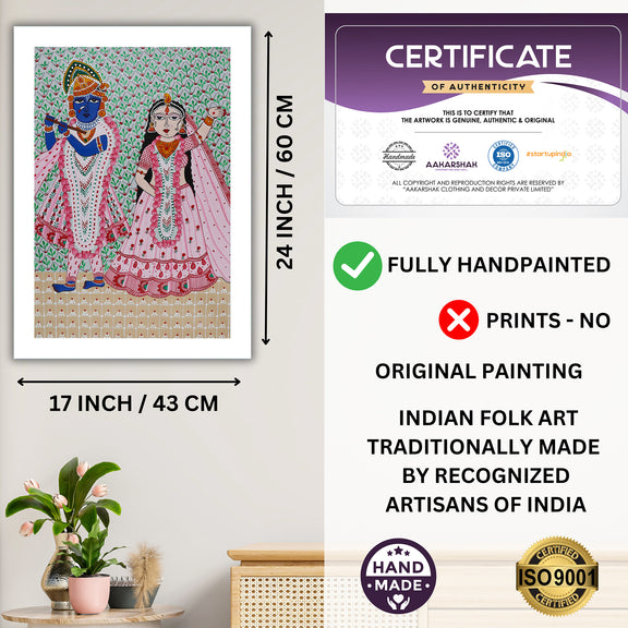 Framed artwork with dimensions, authenticity certificate and handmade iso certified-radha-krishna pichwai painting