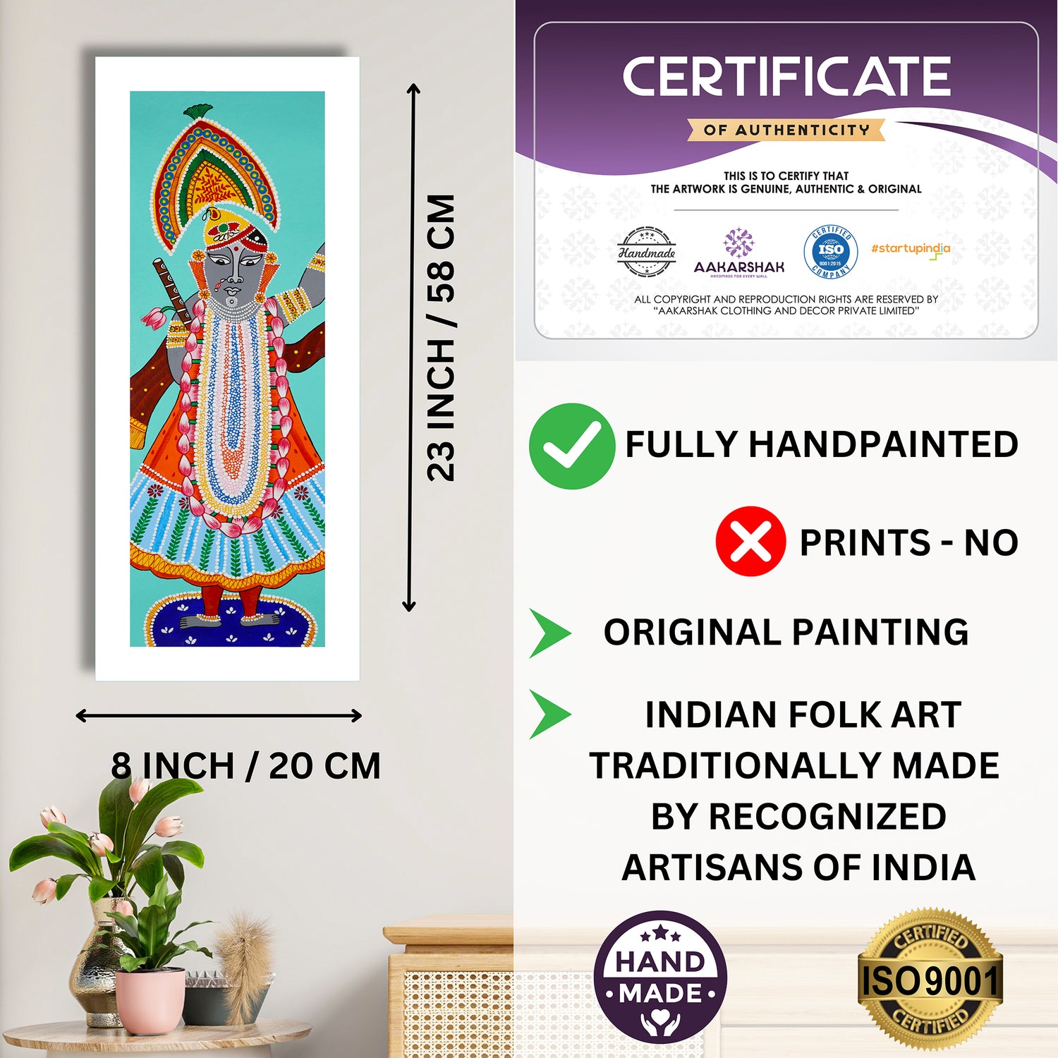 Framed artwork with dimensions, authenticity certificate and handmade iso certified-shrinathji Pichwai painting