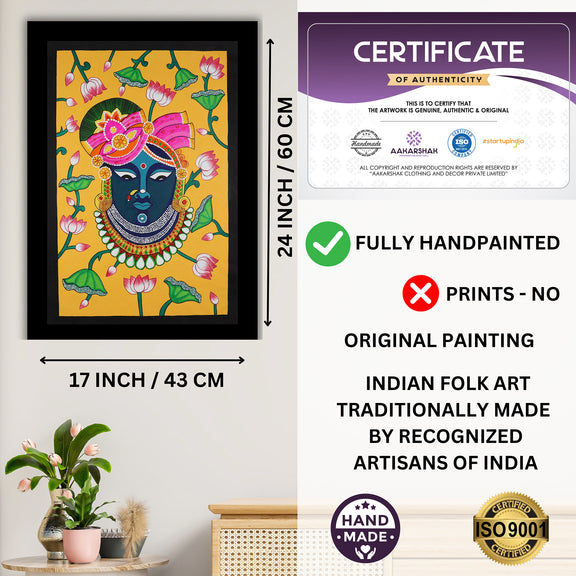 Framed artwork with dimensions, authenticity certificate and handmade iso certified-shrinathji pichwai painting
