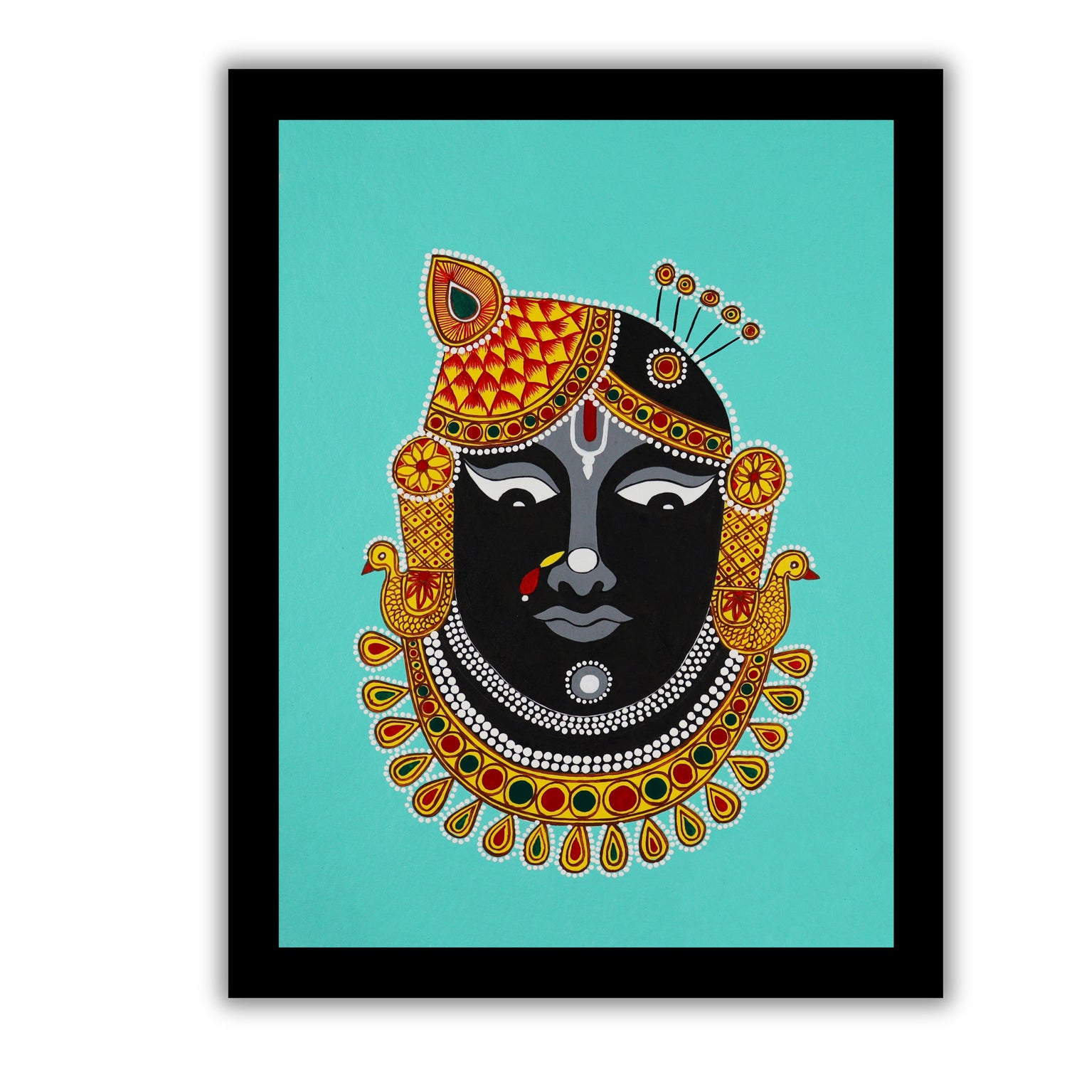 Framed artwork of a colorful shrinathji illustration on a light green background-with handmade pichwai painting 