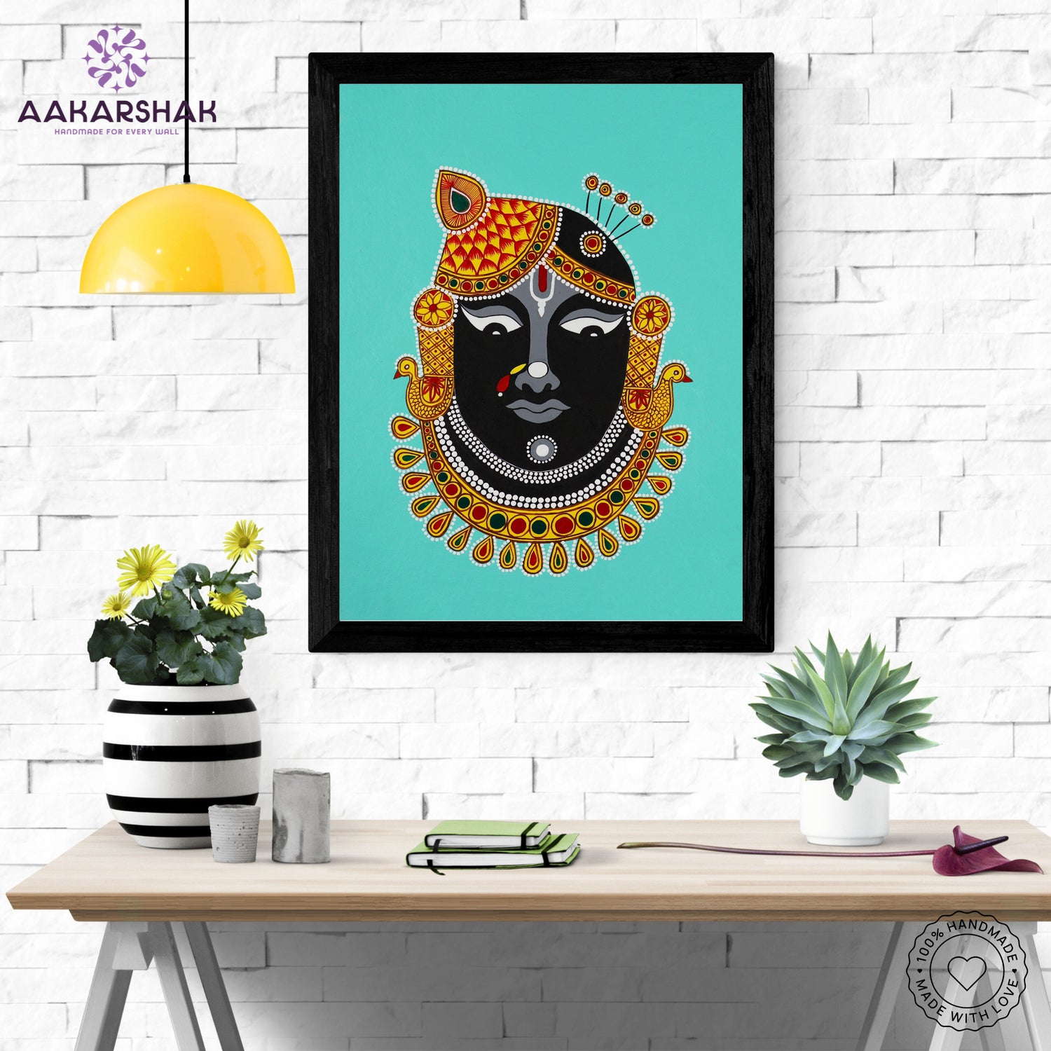 Framed artwork with shrinathji design on a loght background-handmade pichwai painting for home decor
