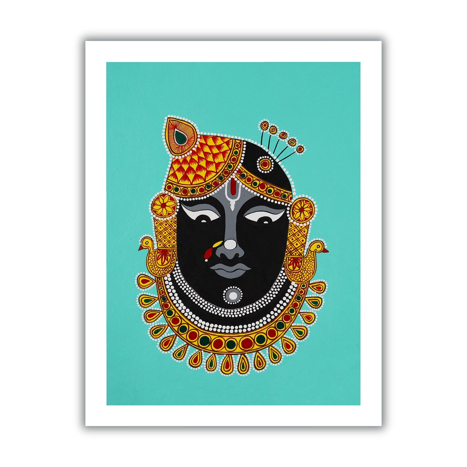 Framed artwork of a colorful shrinathji illustration on a light green background-with handmade pichwai painting 