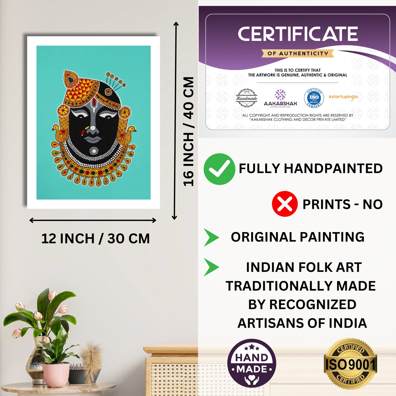 Framed artwork with dimensions, authenticity certificate and handmade iso certified-shrinathji pichwai painting