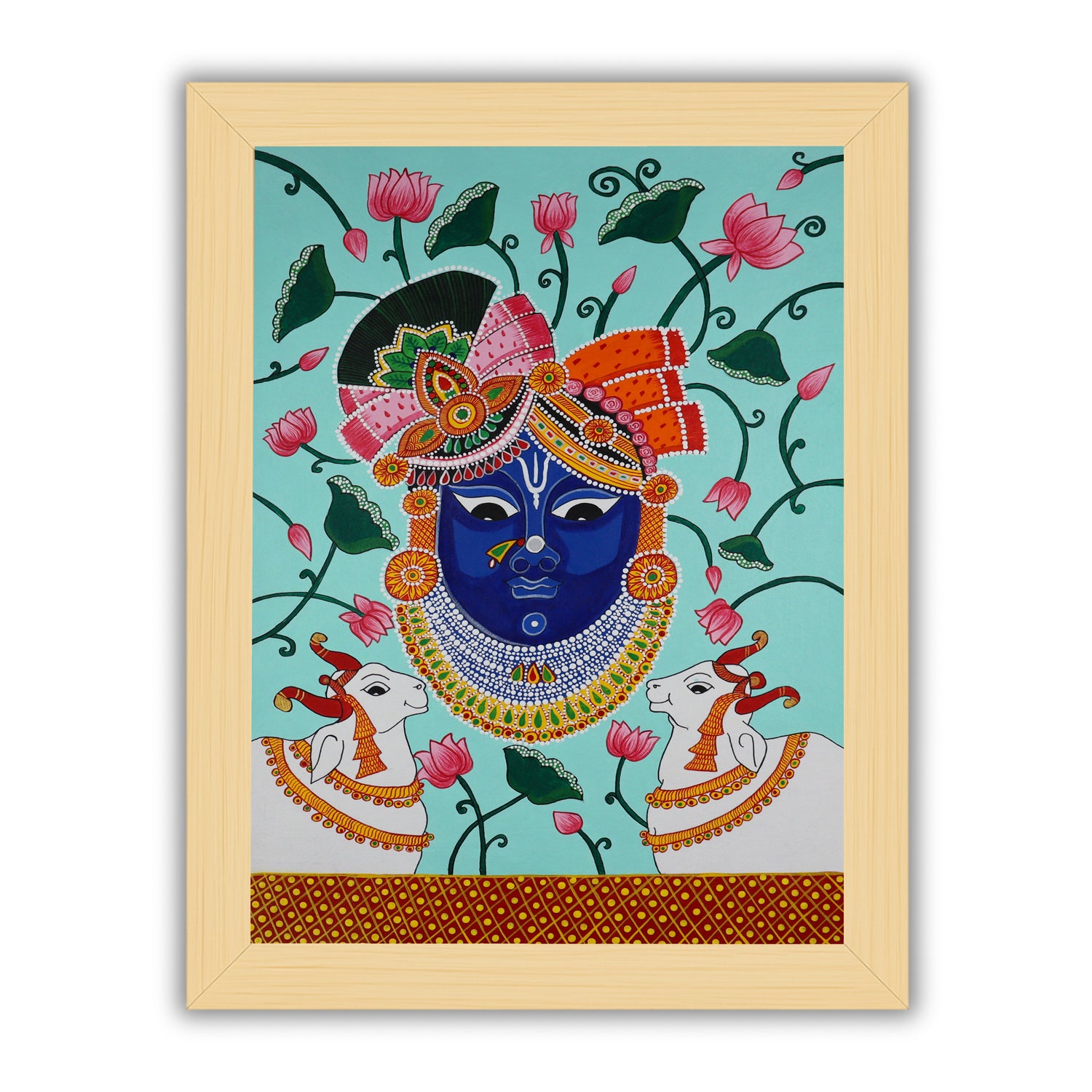 Framed artwork of a colorful shrinathji handmade pichwai painting 