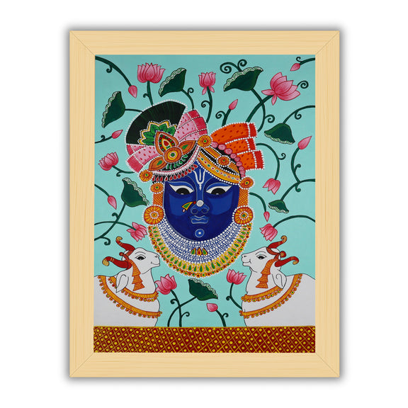 Framed artwork of a colorful shrinathji handmade pichwai painting 