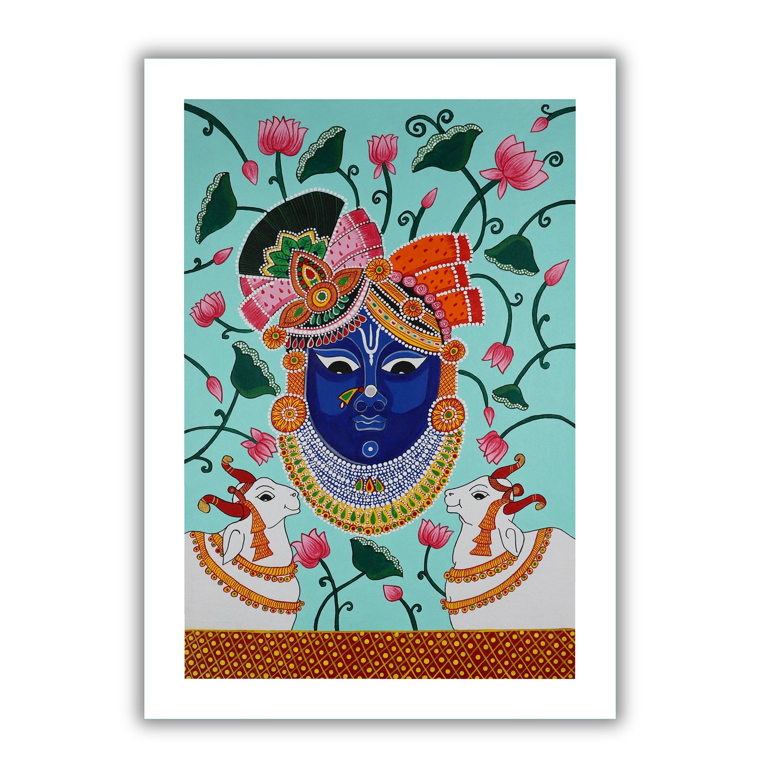 Framed artwork of a colorful shrinathji handmade pichwai painting 