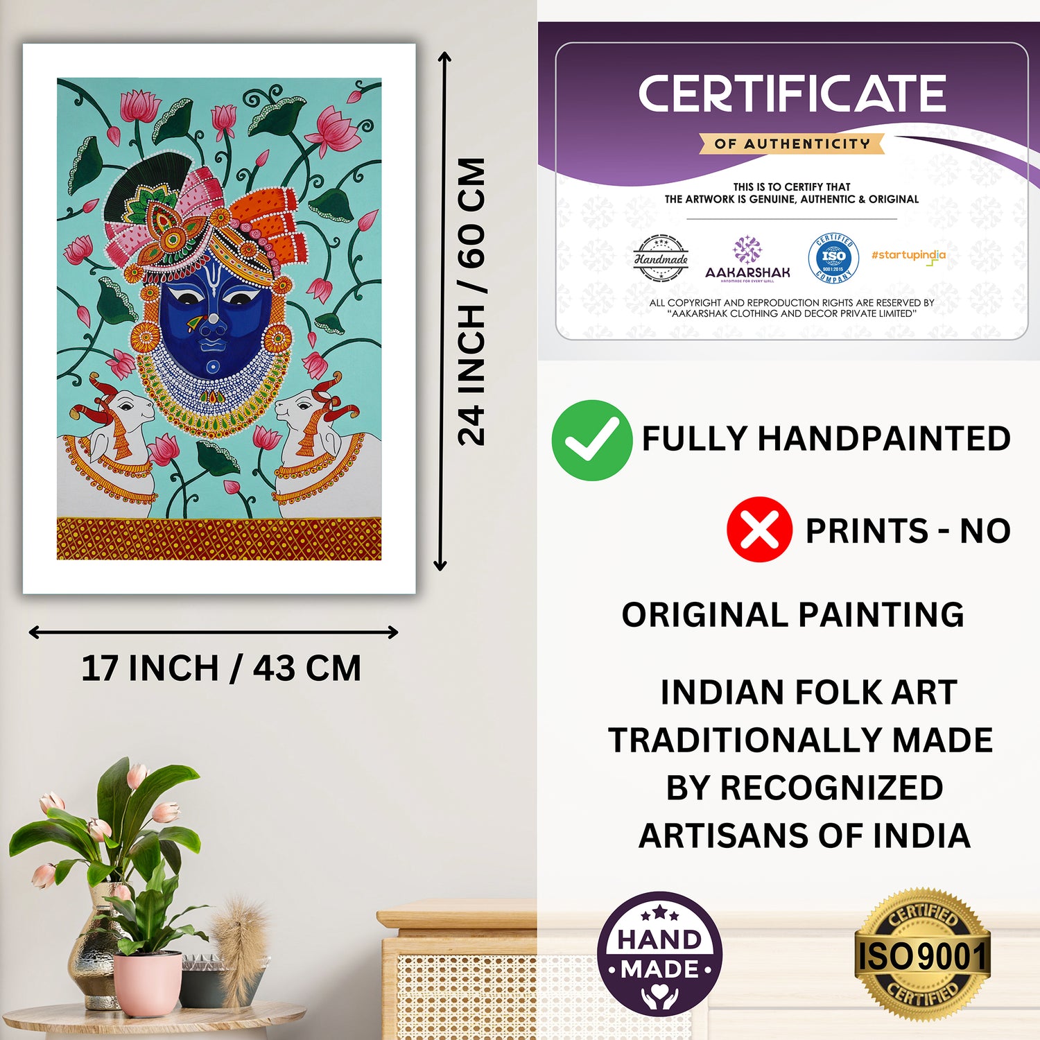 Framed artwork with dimensions, authenticity certificate and handmade iso certified-shrinathji pichwai painting