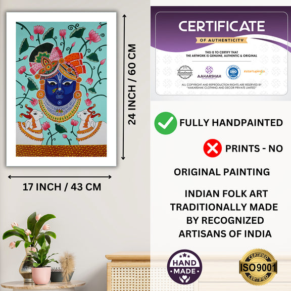 Framed artwork with dimensions, authenticity certificate and handmade iso certified-shrinathji pichwai painting