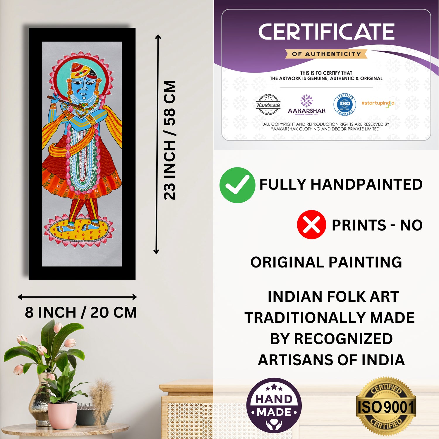 Framed artwork with dimensions, authenticity certificate and handmade iso certified-shrinathji Pichwai painting