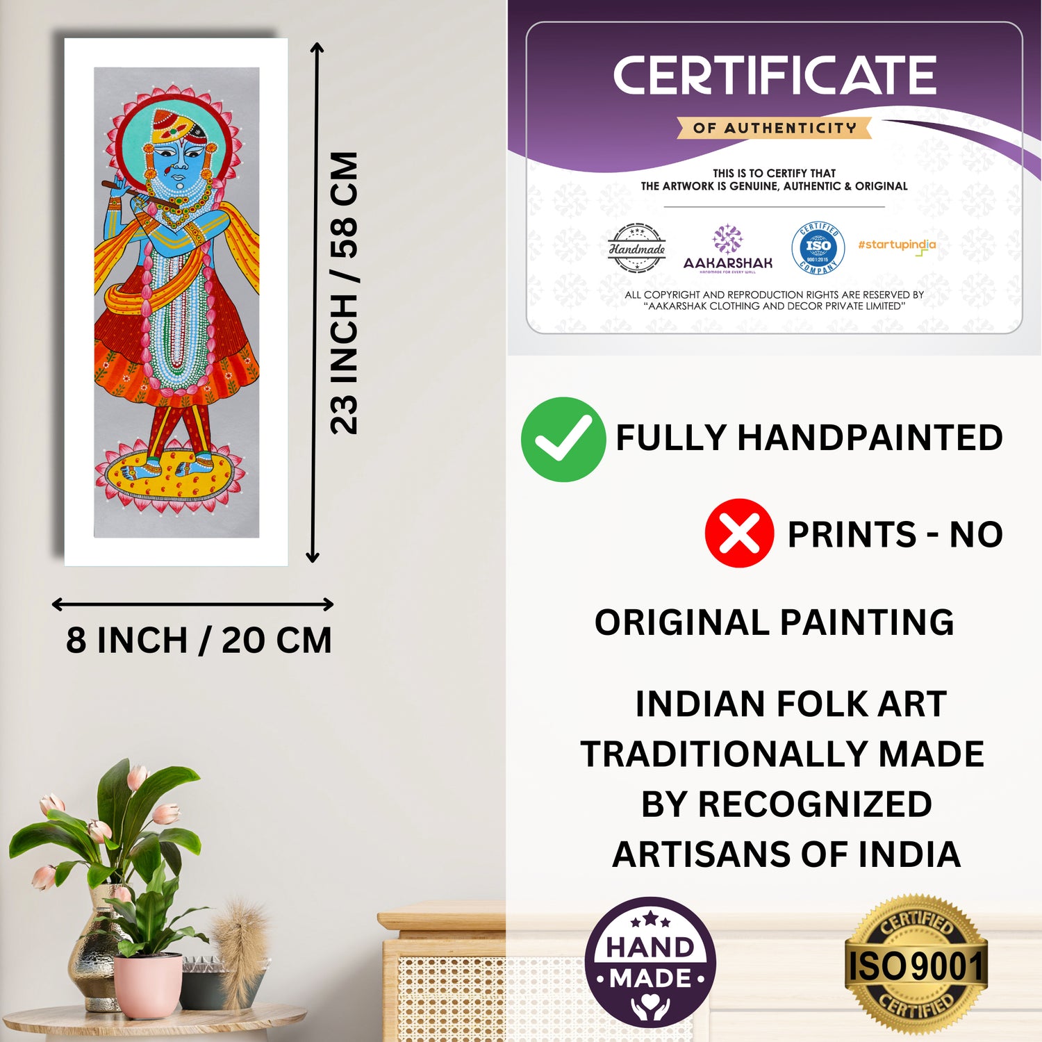 Framed artwork with dimensions, authenticity certificate and handmade iso certified-shrinathji Pichwai painting