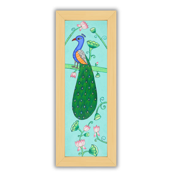 Framed artwork of a colorful peacock-with handmade pichwai painting 