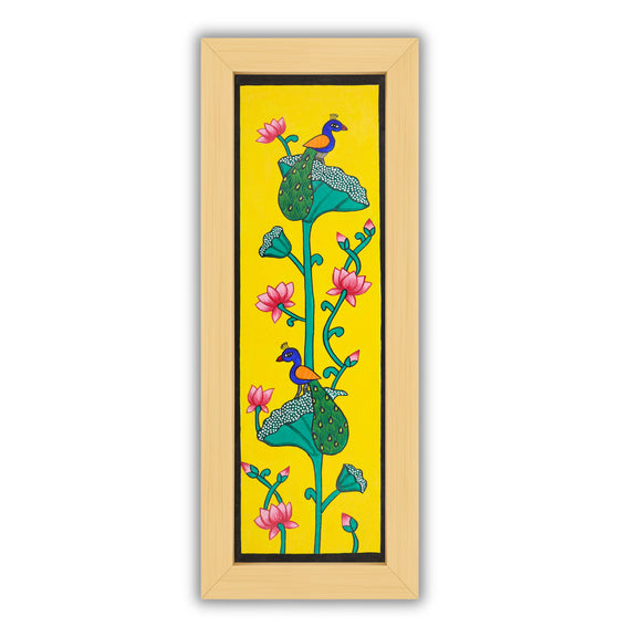 Framed artwork of a colorful peacock-with handmade pichwai painting 