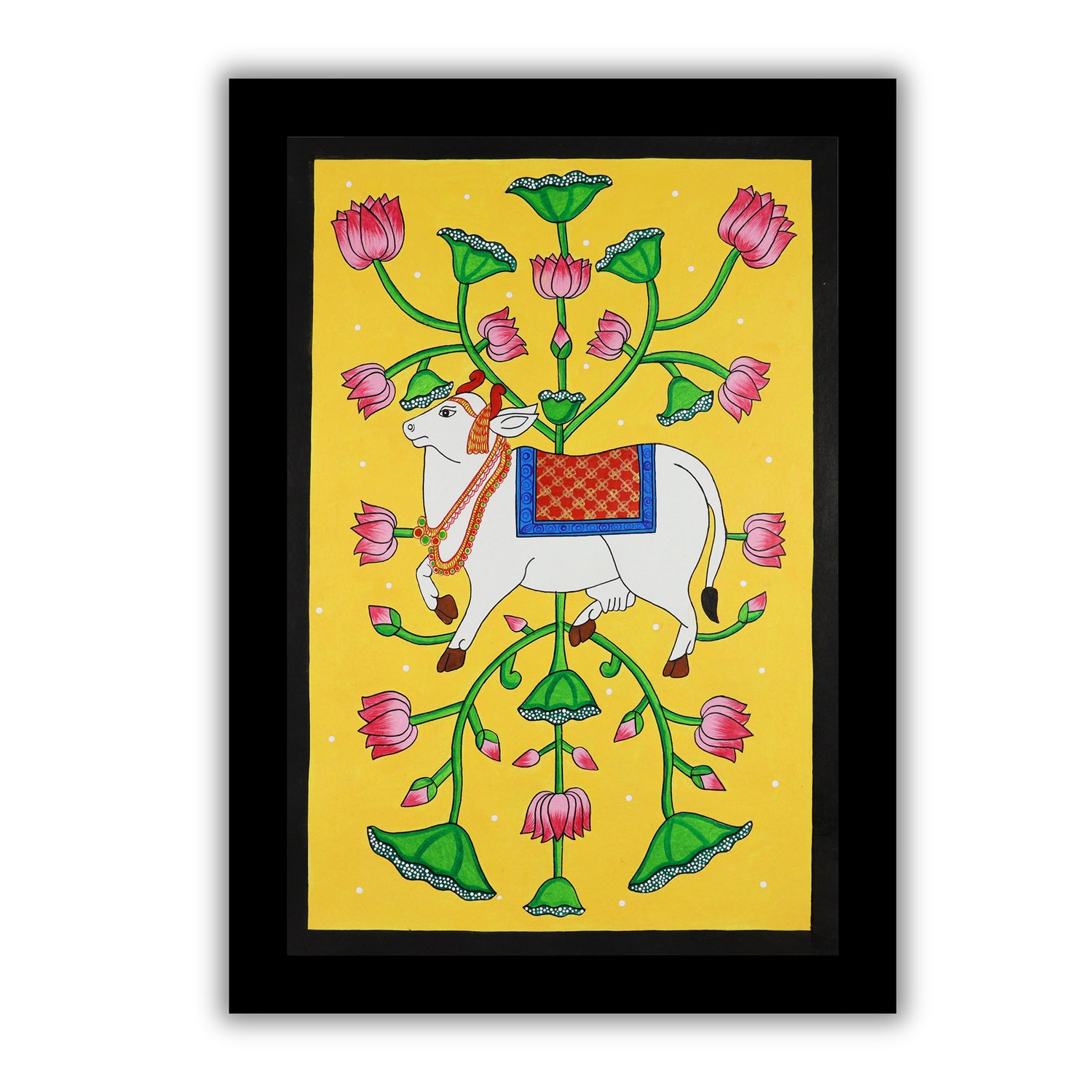 Handmade Pichwai Cow Painting Framed 17x24 Inch Wall Art