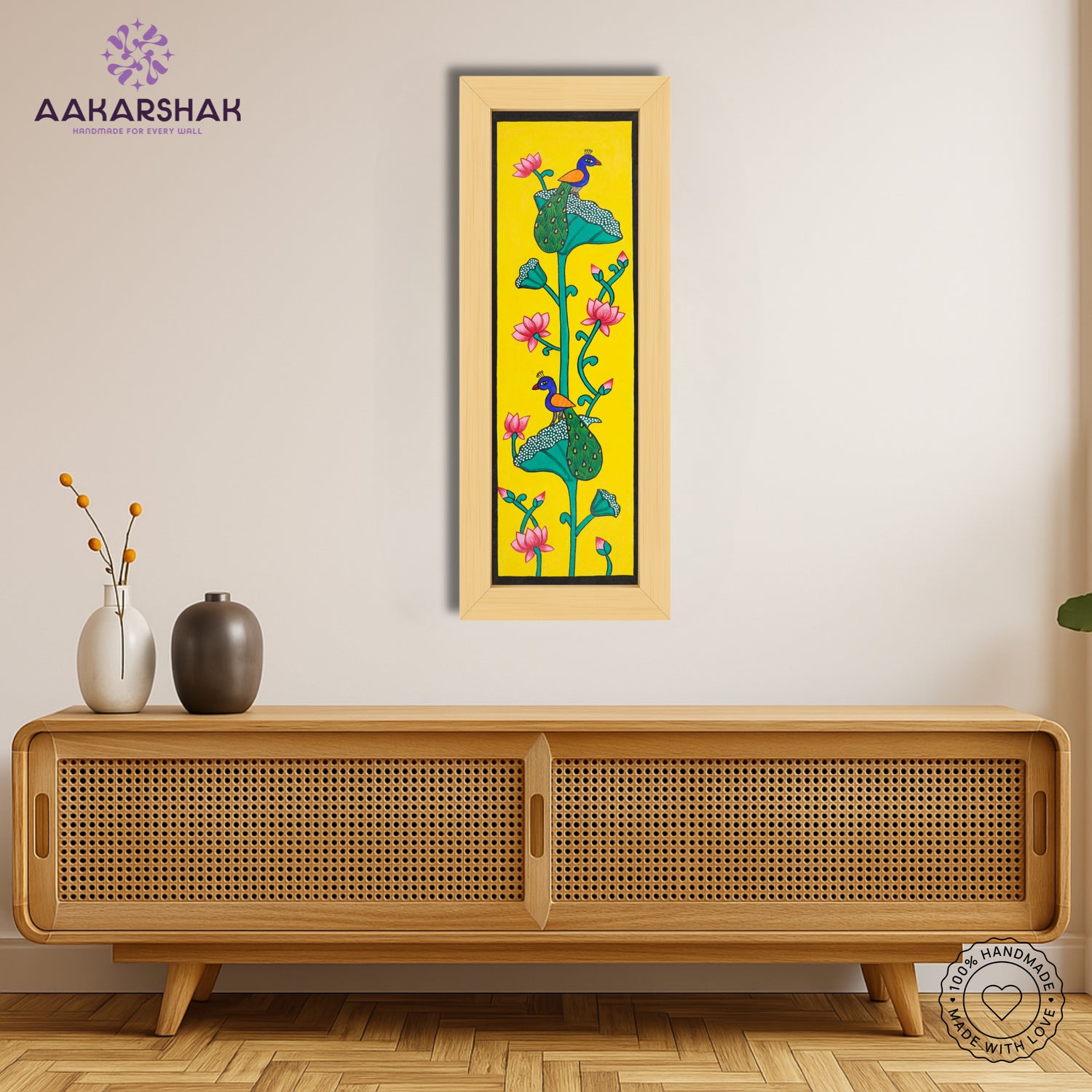 Framed artwork with peacock design -handmade pichwai painting for home decor