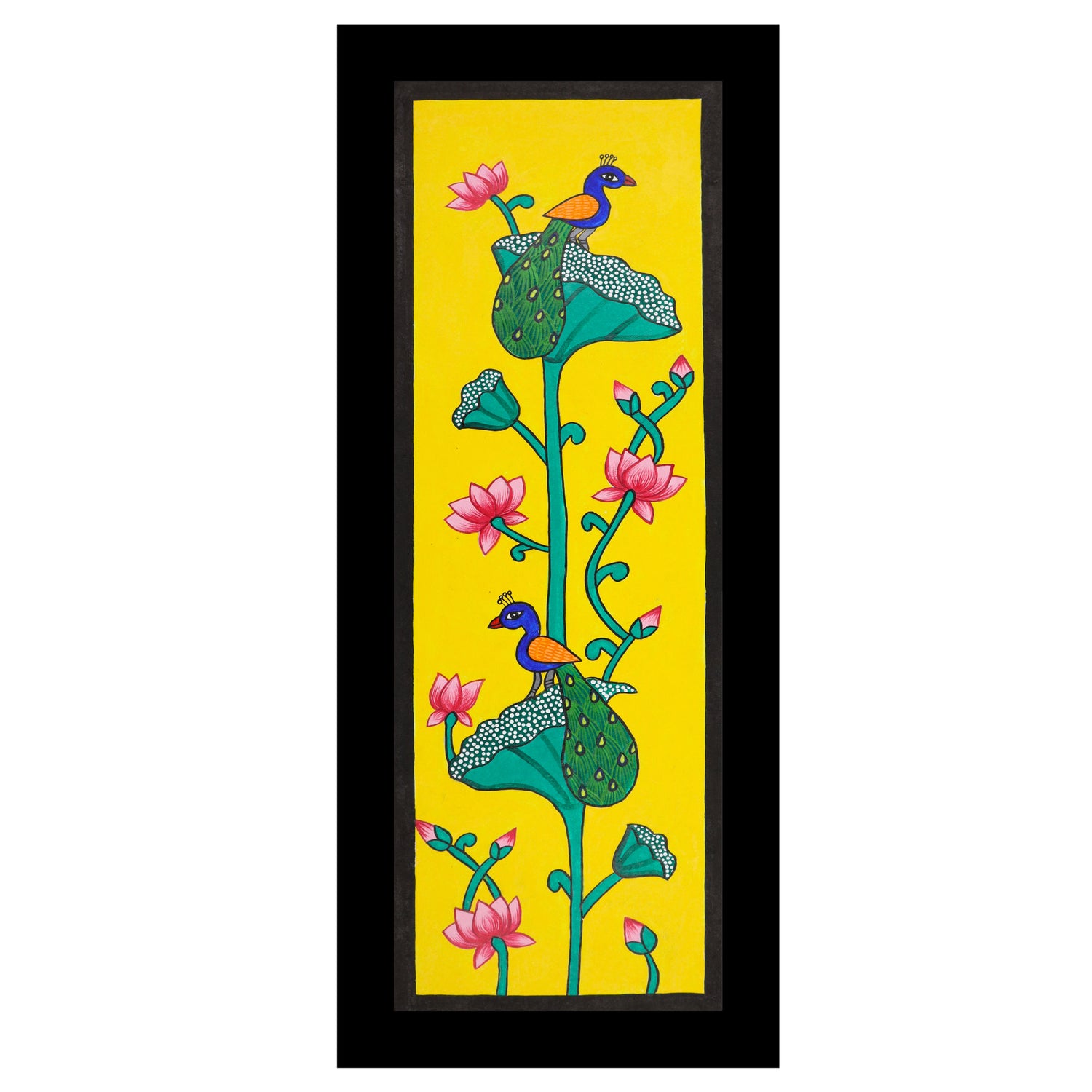 Framed artwork of a colorful peacock-with handmade pichwai painting 