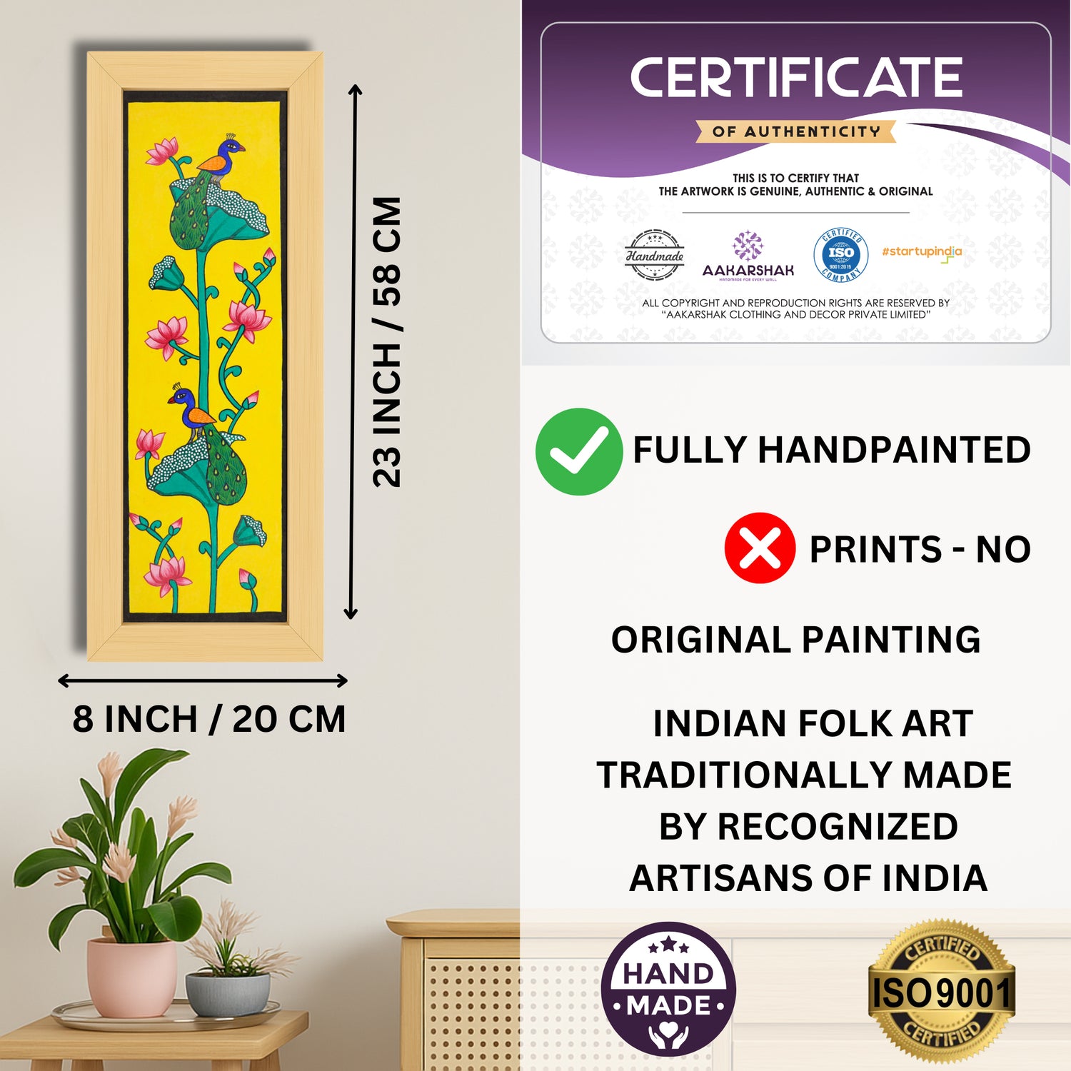 Framed artwork with dimensions, authenticity certificate and handmade iso certified-peacock pichwai painting