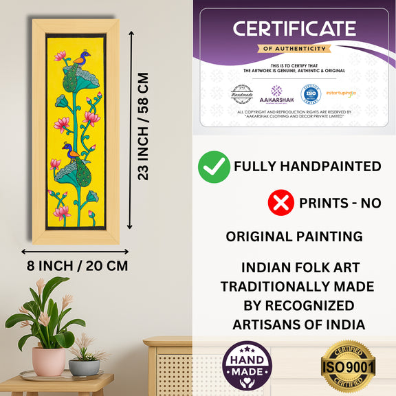 Framed artwork with dimensions, authenticity certificate and handmade iso certified-peacock pichwai painting