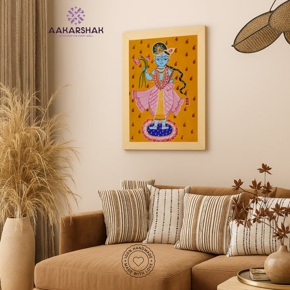Traditional Pichwai painting on cloth with detailed background motifs – framed and ready to hang
