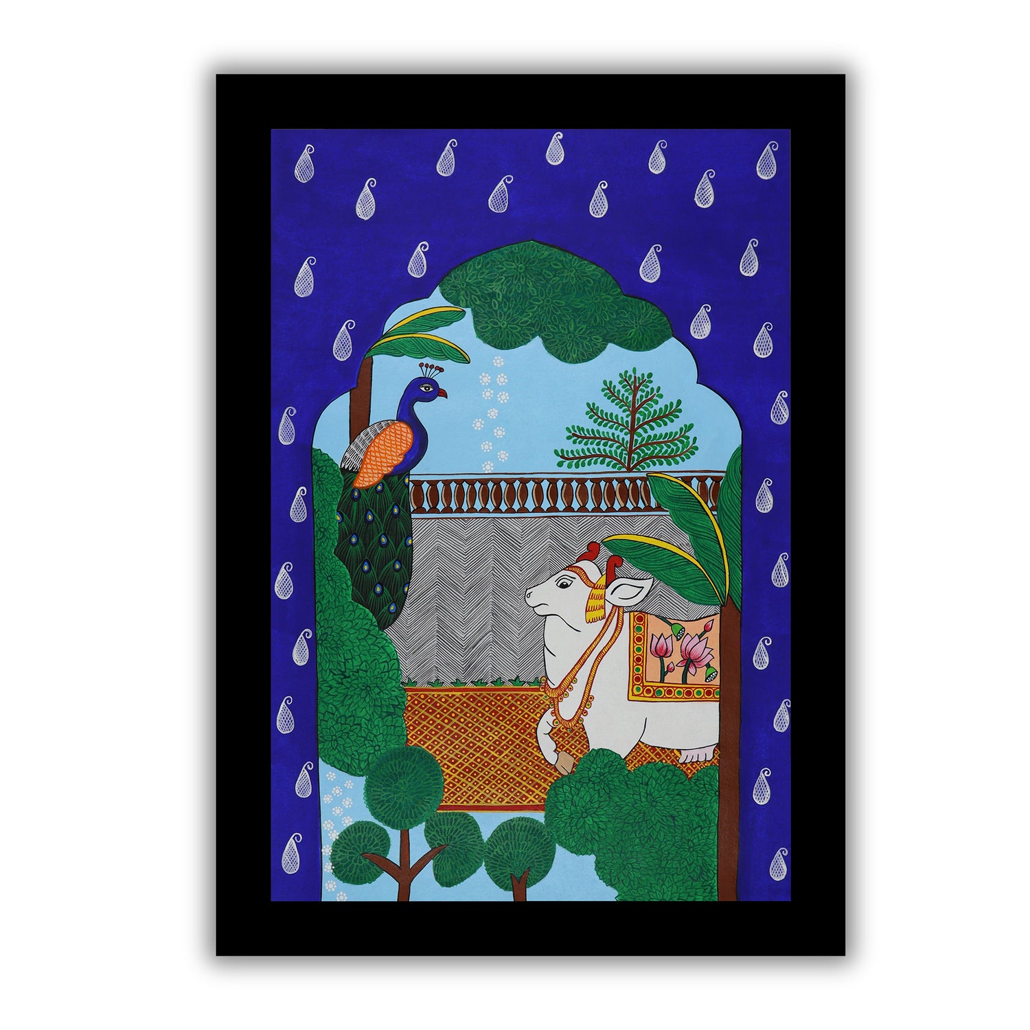 Handmade Pichwai Cow Peacock Jharokha Painting Framed 17x24 Inch Wall Art