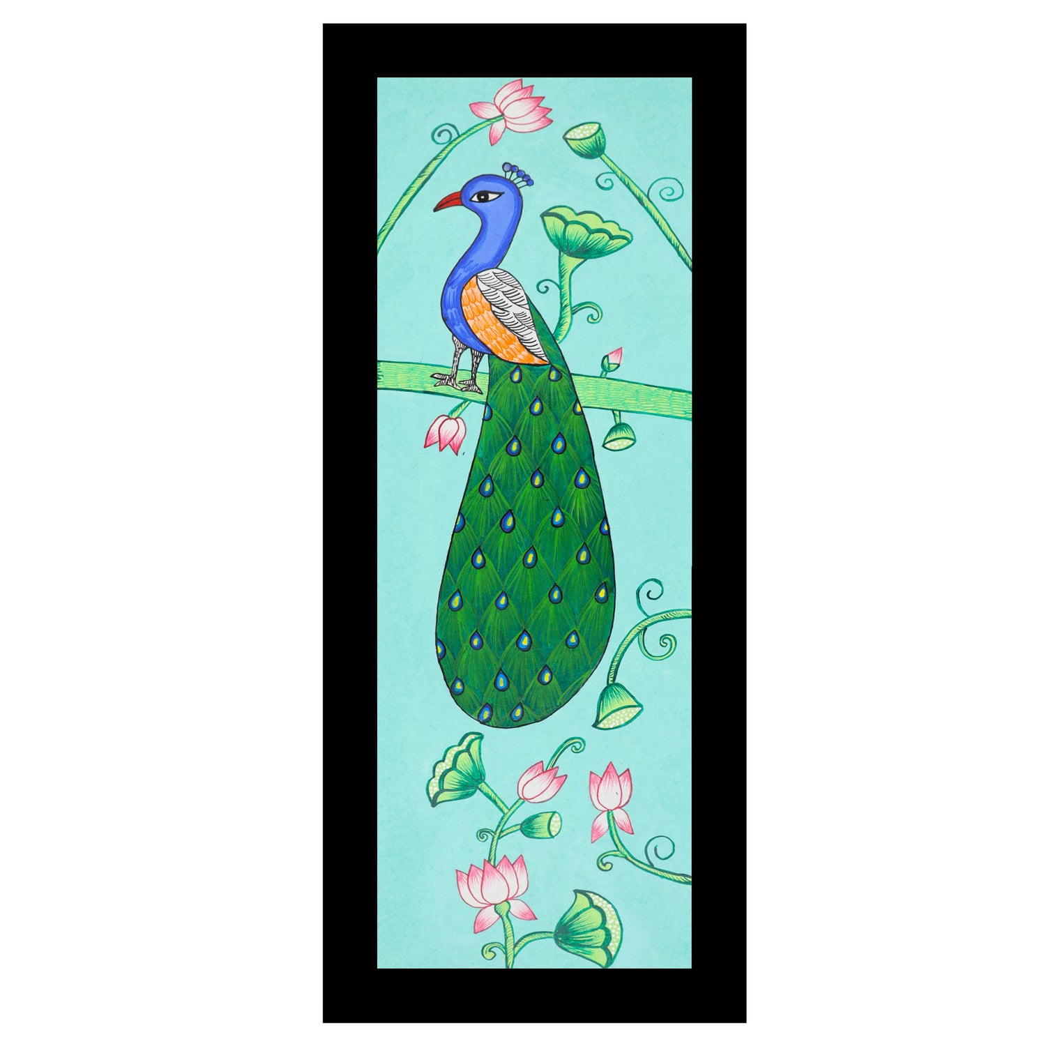 Framed artwork of a colorful peacock-with handmade pichwai painting 
