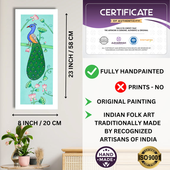 Framed artwork with dimensions, authenticity certificate and handmade iso certified-peacock pichwai painting