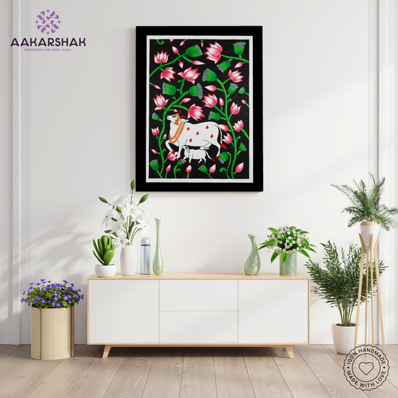 Traditional Pichwai painting on cloth with detailed background motifs – framed and ready to hang
