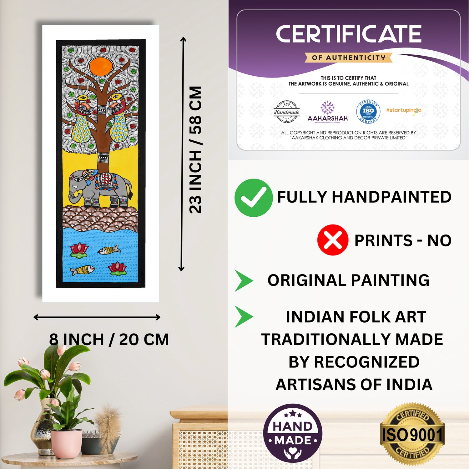 Framed artwork with dimensions, authenticity certificate and handmade iso certified-elephant madhubani painting