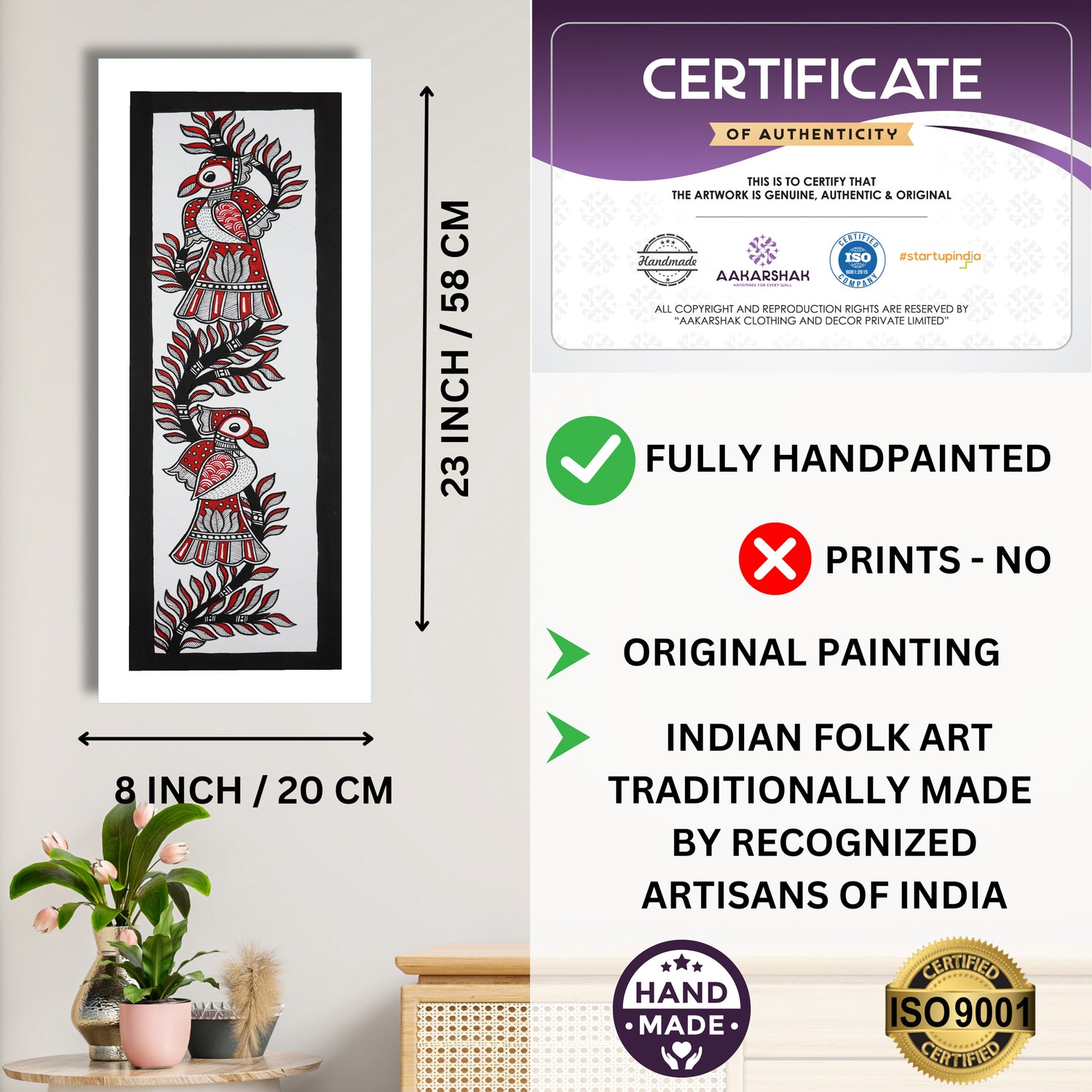 Framed artwork with dimensions, authenticity certificate and handmade iso certified-peacock madhubani painting
