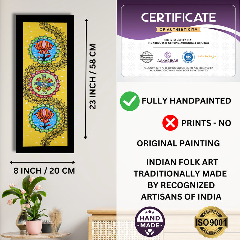 Framed artwork with dimensions, authenticity certificate and handmade iso certified-lotus madhubani painting