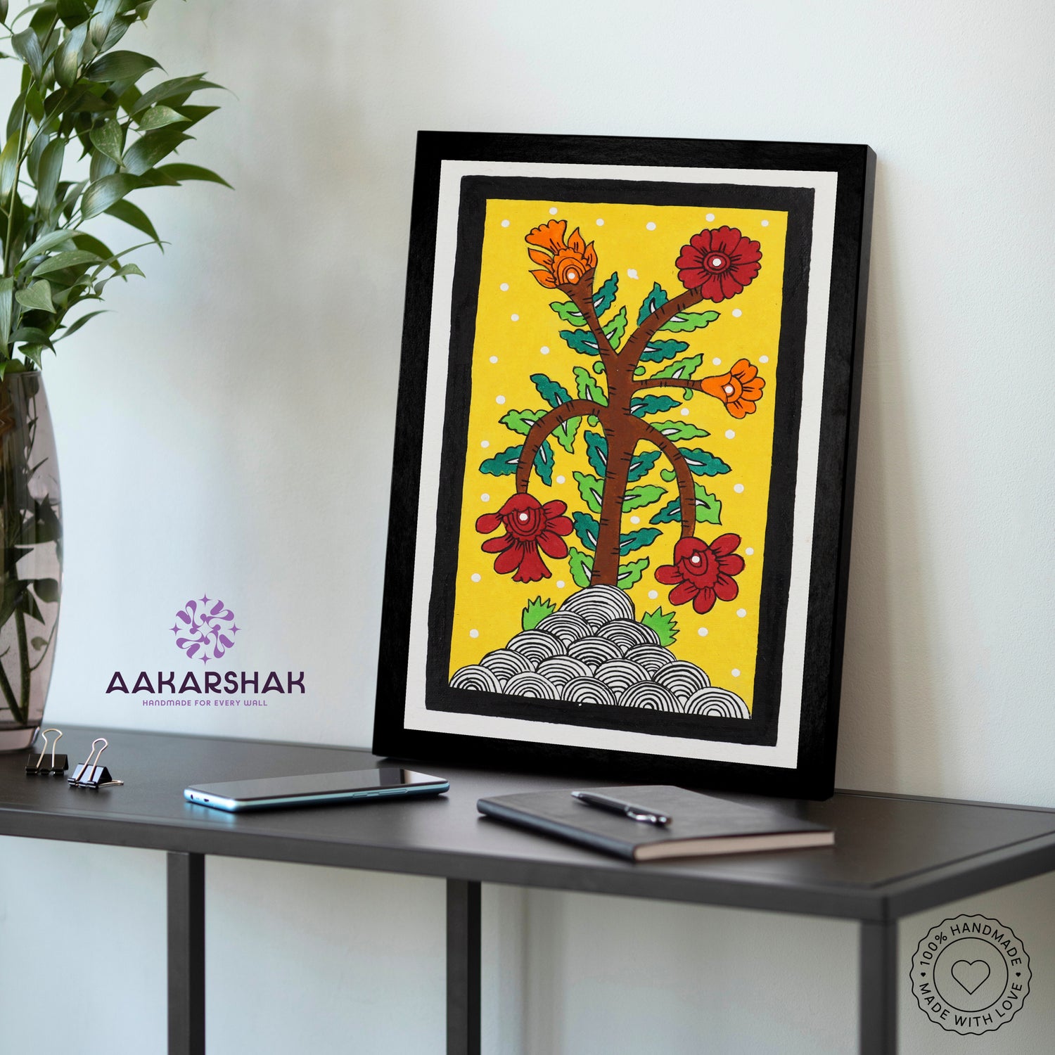 Kalamkari wall art displayed in living room – handcrafted Indian textile painting
