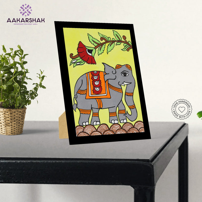 Handmade Kalamkari Elephant Painting – Framed 6x8 Inch Wall Art