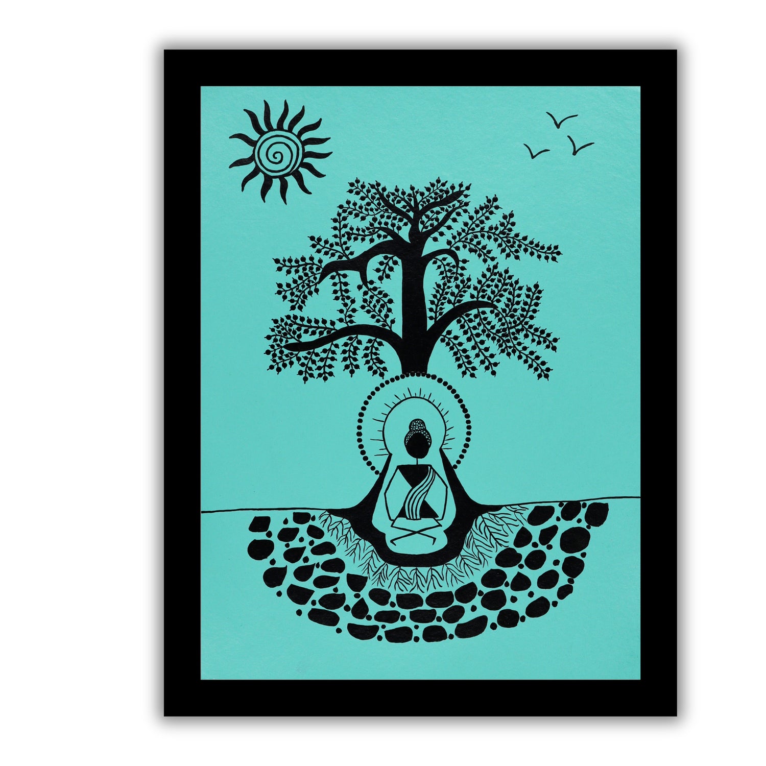 black buddha design on a green background with handmade warli painting 
