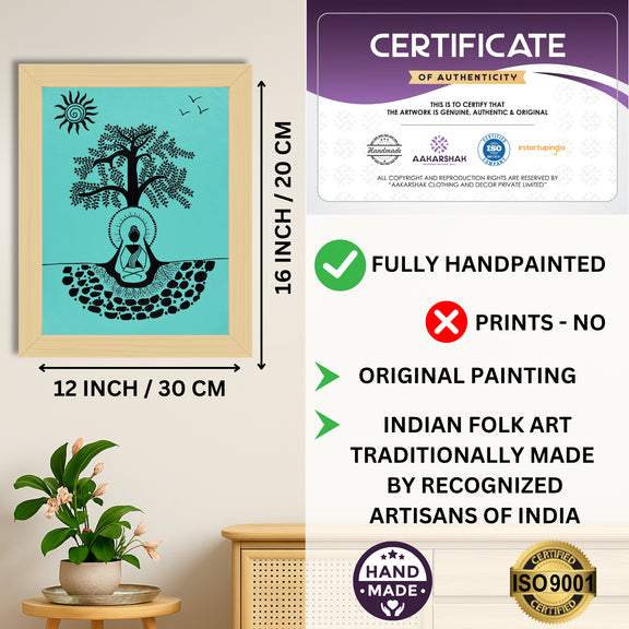 Framed artwork with dimensions, authenticity certificate and handmade iso certified-buddha warli painting