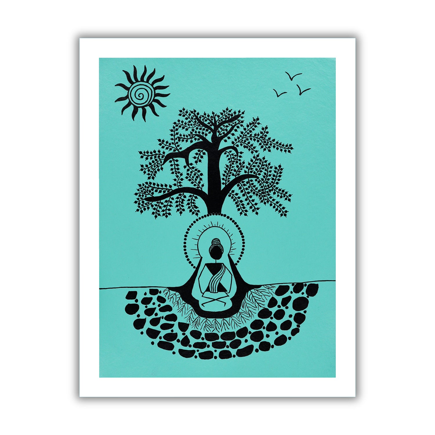 black buddha design on a green background with handmade warli painting
