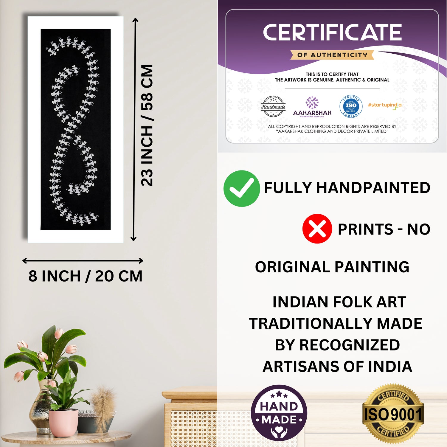 Framed artwork with dimensions, authenticity certificate and handmade iso certified-dancing  warli painting