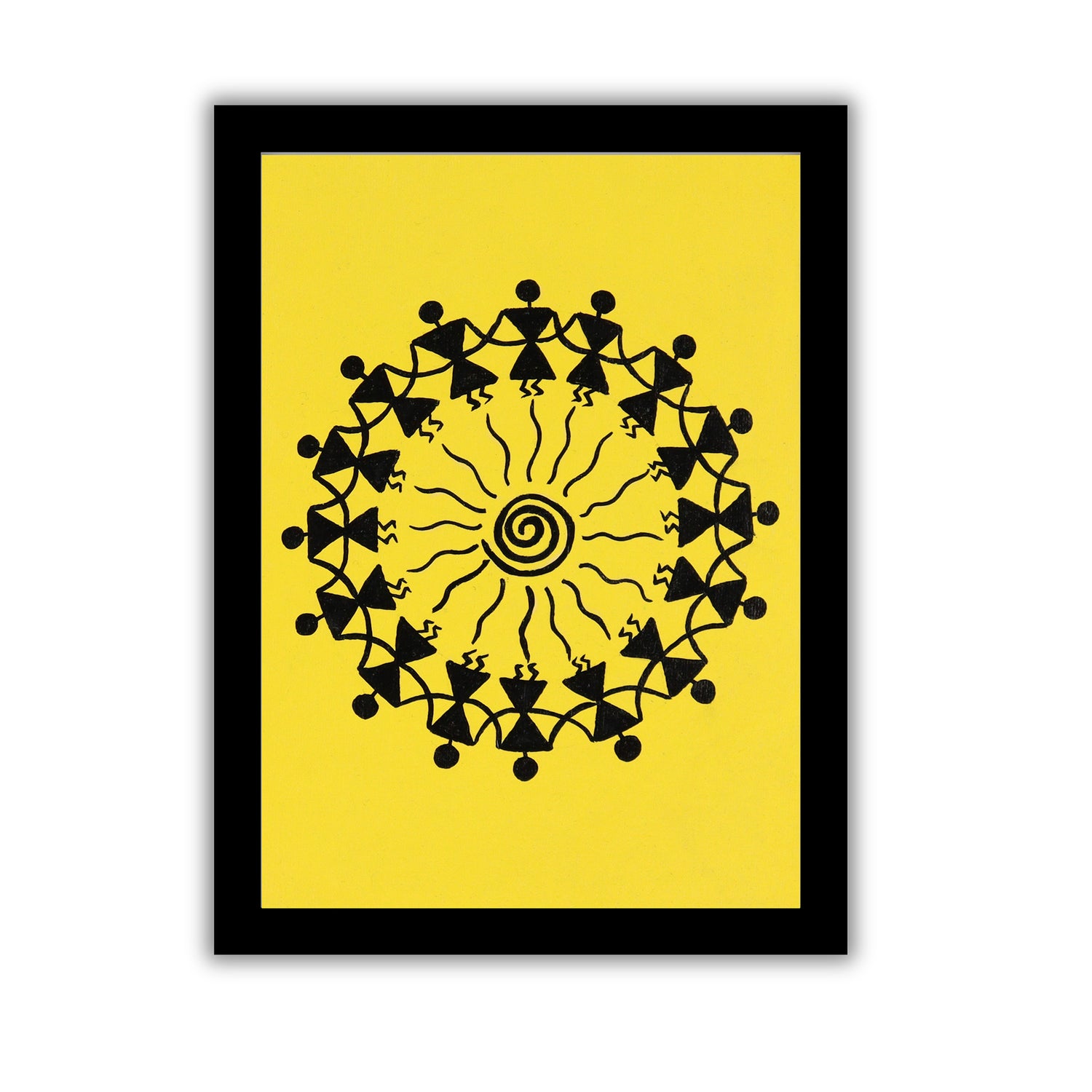 Framed artwork with Handmade black warli dancing painting on a yellow background