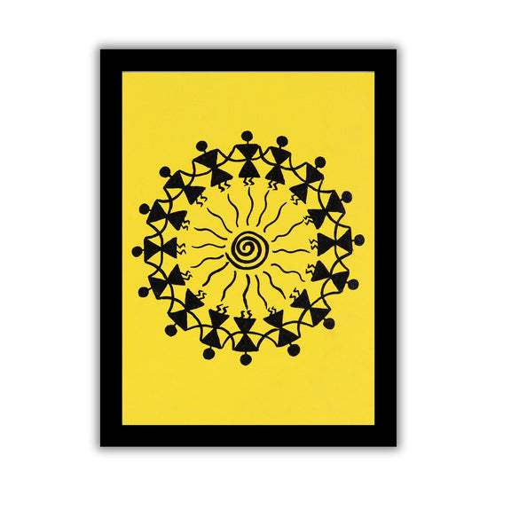 Framed artwork with Handmade black warli dancing painting on a yellow background